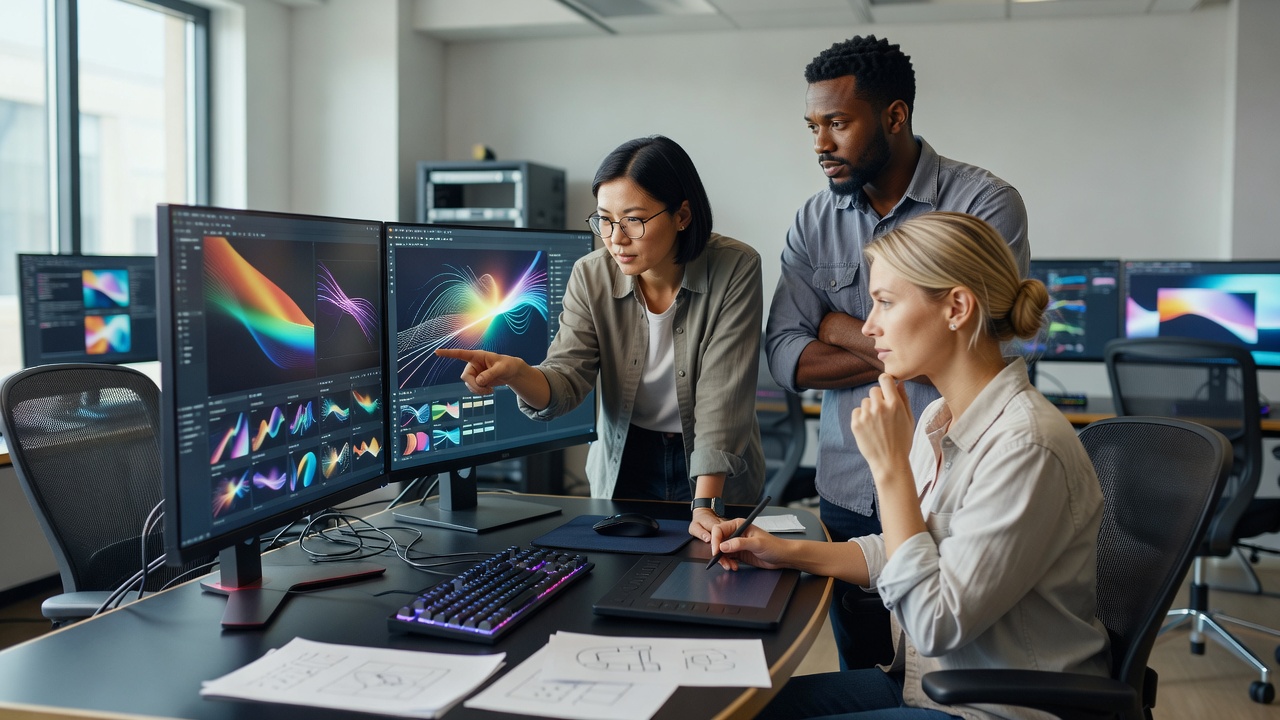 Graphics colleagues checking information and layouts together at a daylight workstation