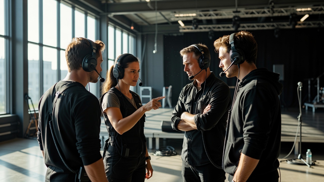 Headset-wearing event crew discussing a rehearsal in a venue with natural window light