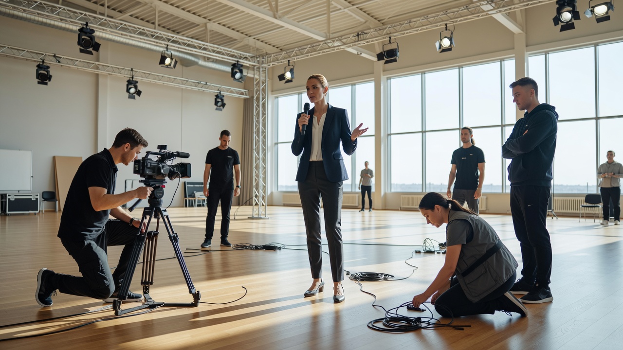 Presenter rehearsing with production colleagues in a naturally lit venue