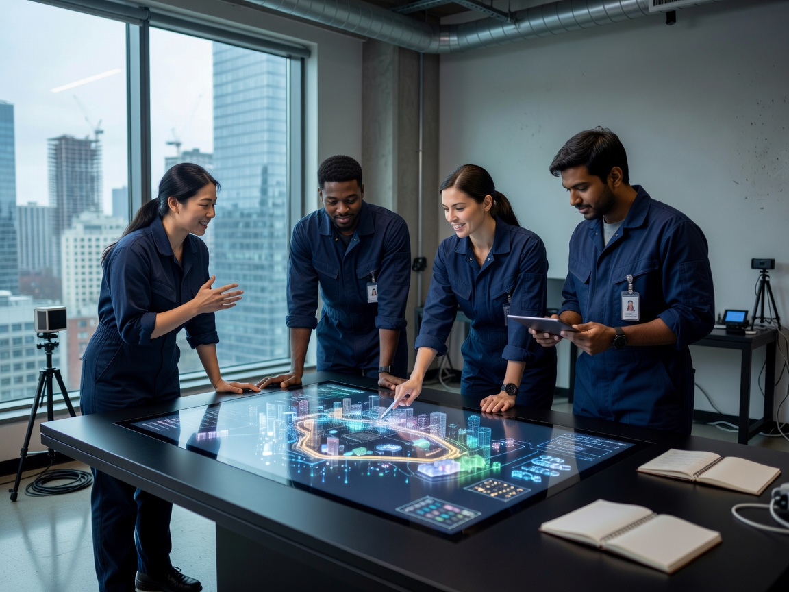 Real-time production technicians discussing a scene at a workstation beside a large window